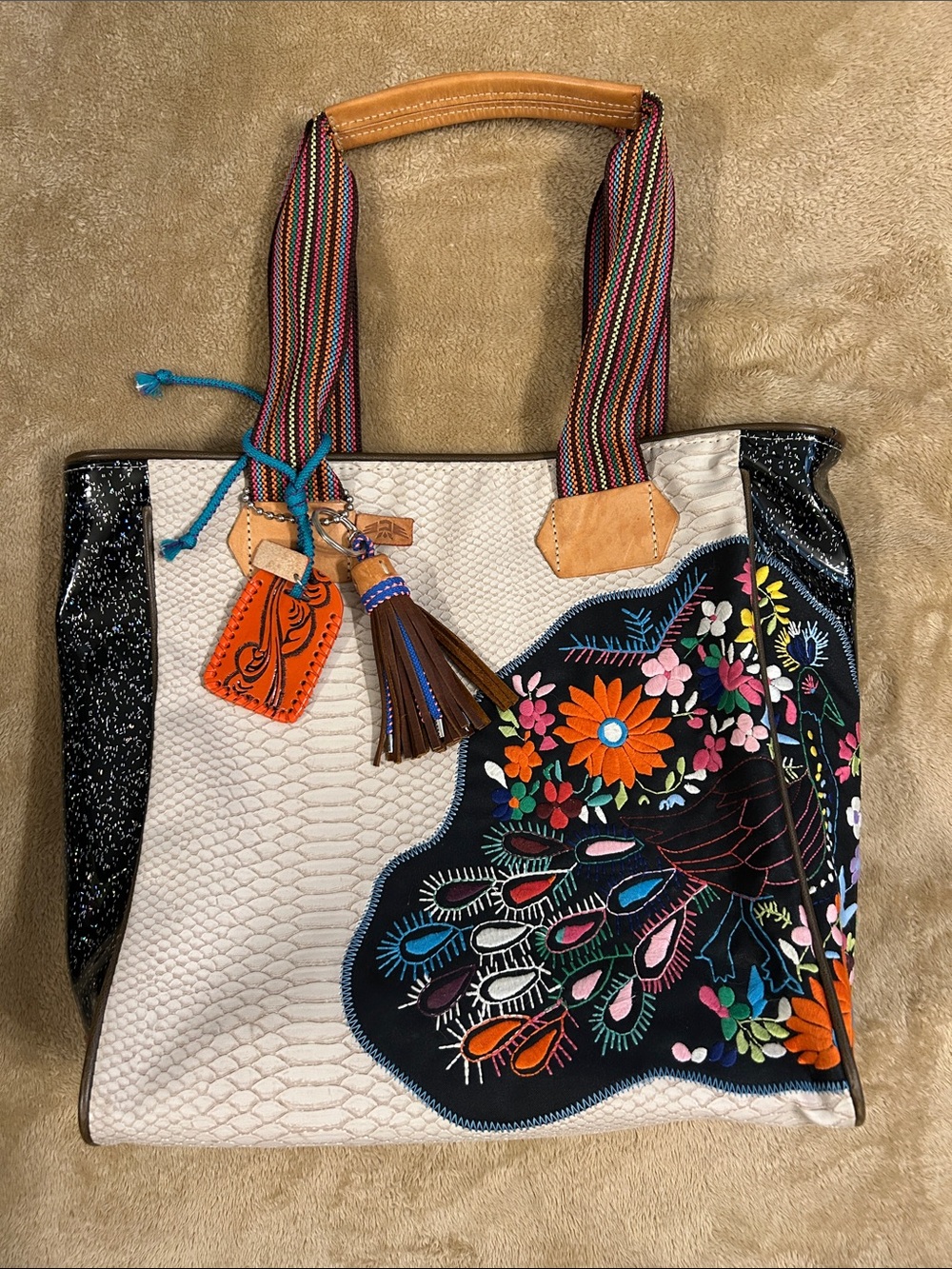 Consuela Cream Tote with Black Embroidered Floral Panel and Orange Accents